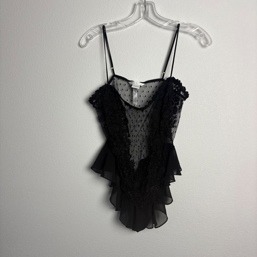 Flora Nikrooz Sheer Black Floral Lace Bodysuit Med‎ Ruffle Adj Straps Polka Dot
